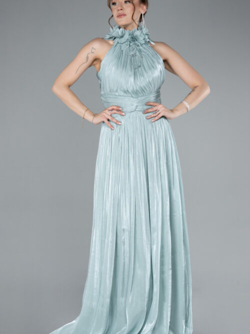 Mint Halter Yaka Uzun Şifon Abiye Elbise ABU4811