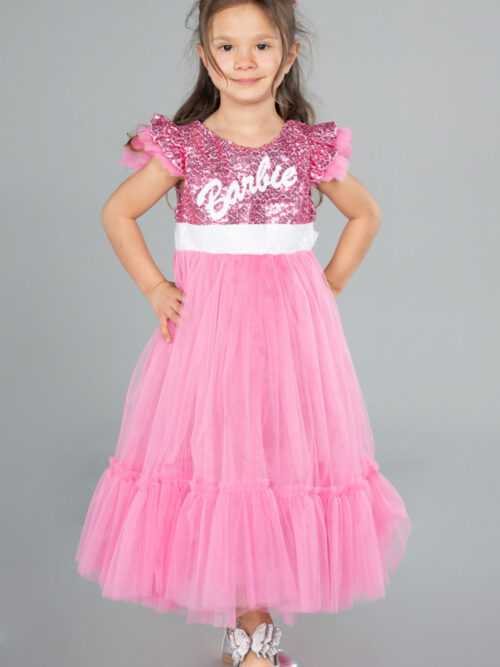 Pembe Tokalı Üstü Pullu Barbie Kız Çocuk Abiye ABU4033