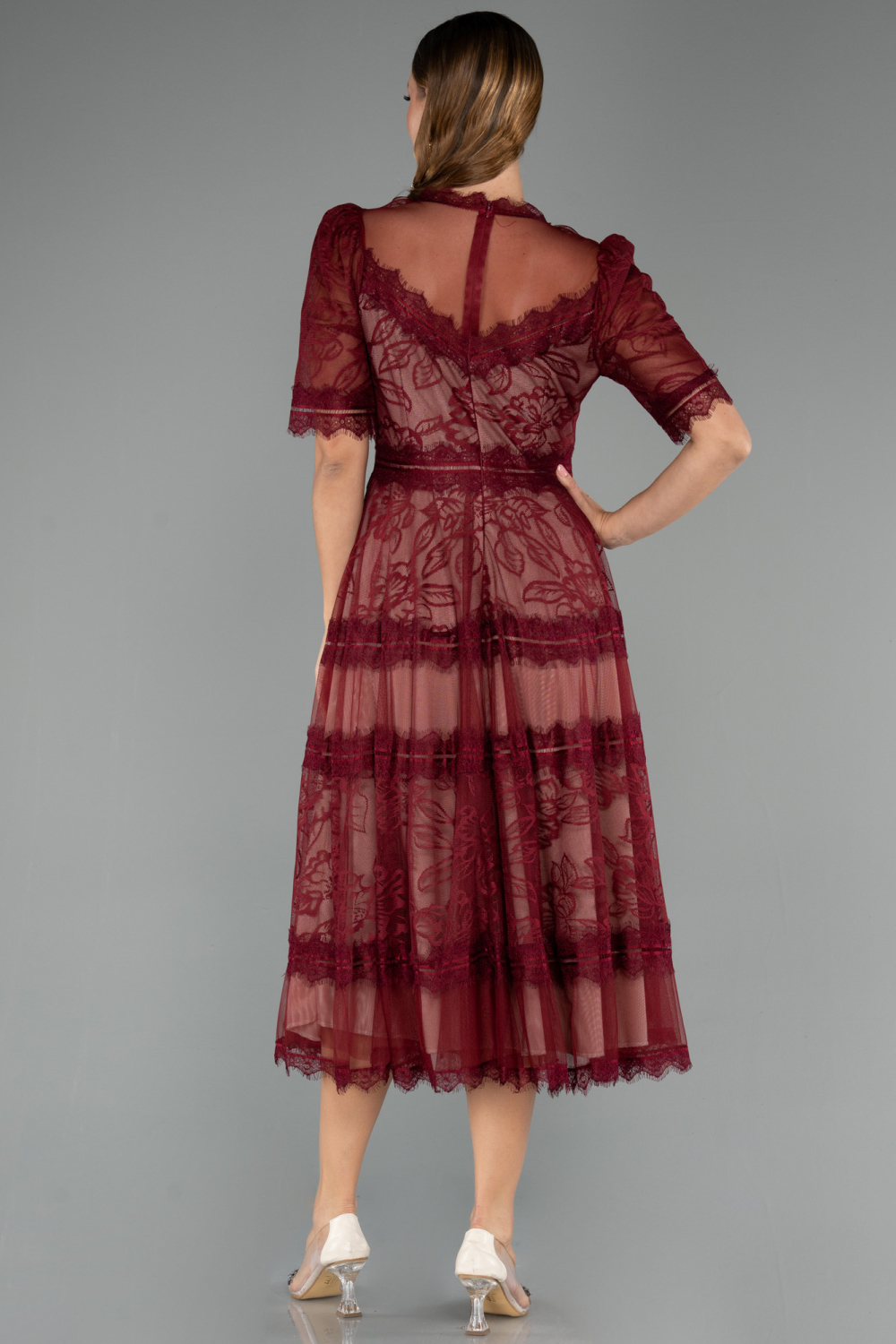 Bordo Kısa Kol Midi Dantel Davet Elbisesi ABK1388