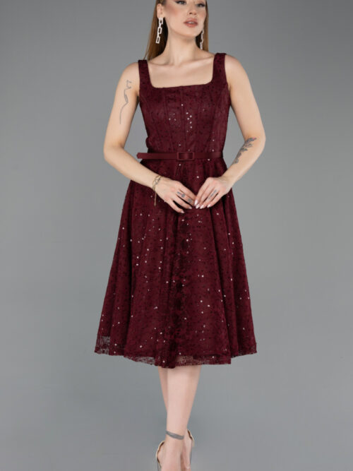 Bordo Kolsuz Kare Yaka Pullu Midi Dantel Gece Elbisesi ABK2549
