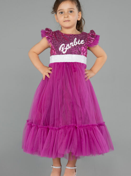 Fuşya Tokalı Üstü Pullu Barbie Kız Çocuk Abiye ABU4033